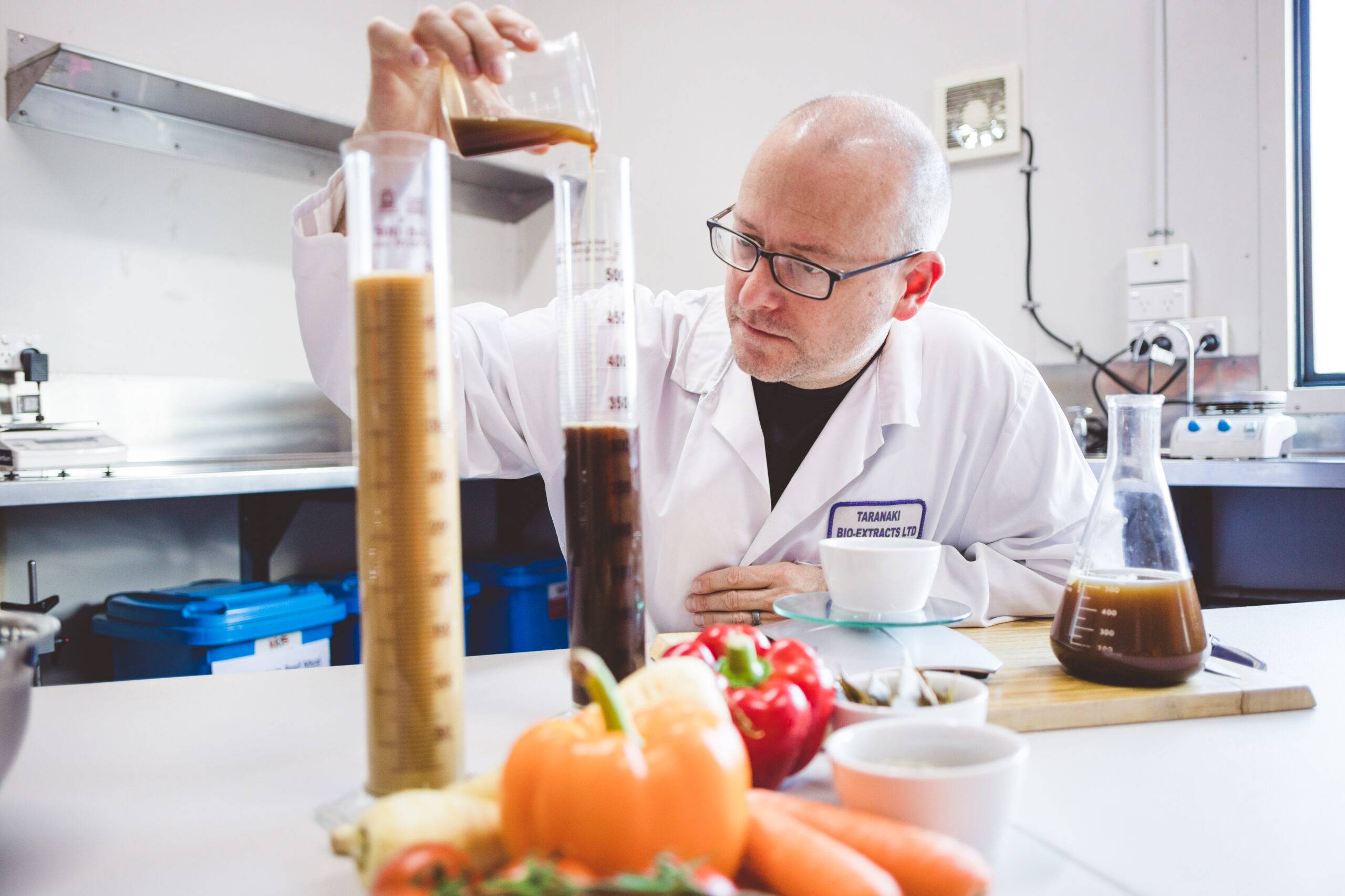 Taranaki Bio-Extracts' Food Engineer doing food research with beef bone broth and extracts