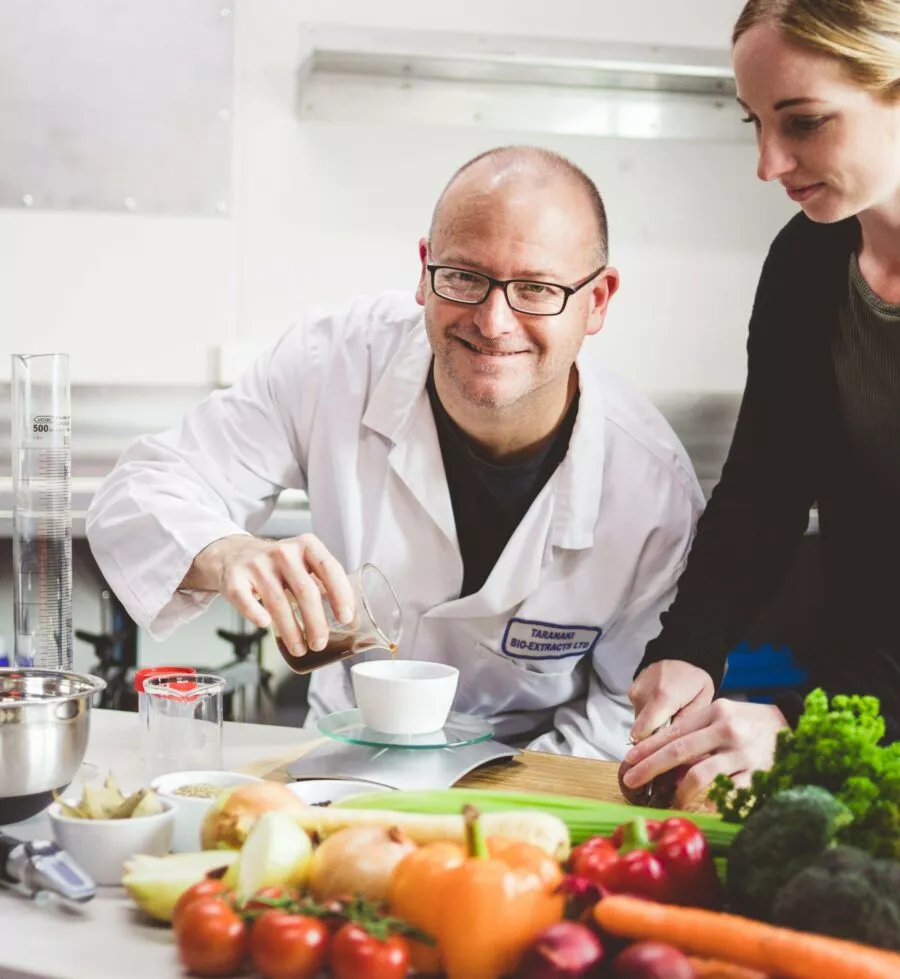 Taranaki Bio-Extracts' Food Engineer and assistant formulating a customised beef bone broth