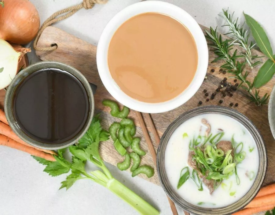 Bowls of beef bone broth and beef bone extract