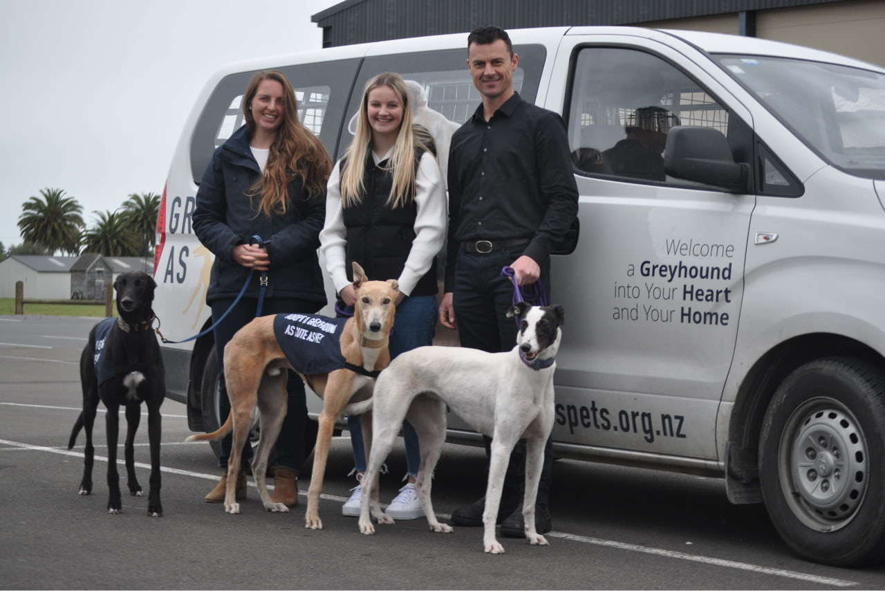 Three people standing in front of white van with three greyhounds